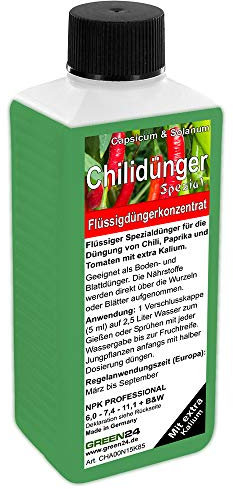 GREEN24 Chilidünger Paprikadünger Spezial Capsicum, zum düngen von Chili (Chilli) Peperoni Paprika und auch Tomaten, Flüssig - Dünger der Profi Linie