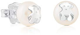 TOUS Pendientes de Plata de Primera Ley sobre Perlas 8mm para Mujer con Cierre a Presión, Motivo Oso, Clásicos y Elegantes, Colección Icon Pearl
