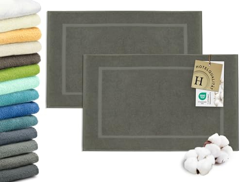 ZOLLNER 2er Set Badematten in 50x80 cm - besonders saugstarke und weiche Badvorleger in Taupe - mit Tiefgangstreifen und Webrahmen Versehen - Baumwolle - Hotelqualität