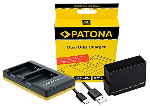 3in1-SET für die Panasonic Lumix FZ1000 FZ300 FZ200 GX8 G6 G5 --- PREMIUM Akku für Panasonic BLC12 mit Info-Chip (starke 1000mAh) + Dual Ladegerät (laden Sie 2 Akkus via USB-Anschluss auf einmal) inkl. PATONA Displaypad