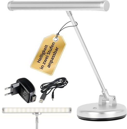 Showlite PL-1-SL-KW Lampe de Piano LED - Lampe de piano avec 15 LEDs - lumière blanc froid en 2 niveaux - hauteur 36 cm - alimentation par USB, secteur ou piles - argent mat