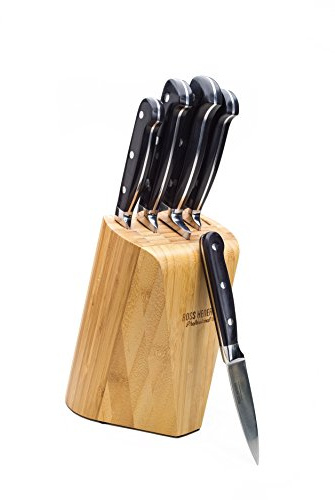 Ross Henery Professional 5 Piece Stainless Steel Full Tang Kitchen Knife Set in Super Stylish Solid Bamboo Wooden Block