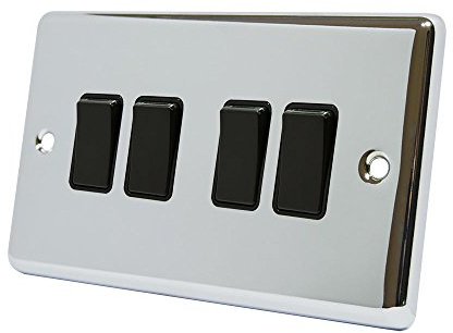 AET CPC4GSWIBL 4 Gang 2 Way 10 A Classical Chrome Polished Black Insert Plastic Rocker Light Switch