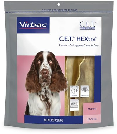 Virbac C.E.T.® HEXTRA® Premium Oral Hygiene Chews for Dogs, Rawhide Coated to Fight Bacteria and Reduce Plaque and Tartar, 26-50 lbs