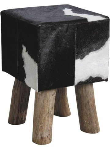 AUBRY GASPARD - Tabouret Carré Peau de Vache Noire Blanche 100% Naturelle - Bois - 30 x 30 x 45 cm - Design Éclectique Salon - Siège Ombre ou Repose-Pieds Élégant