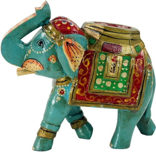 GURU SHOP Deko Elefant aus Indien, Bemalter Indischer Holzelefant, Skulptur Elefant - Mint, 15x18x8 cm