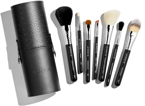 Sigma Beauty Reise-Make-up-Pinselset – 7-teiliges Set mit Premium-Fasern, eleganten langlebigen Griffen und Aufbewahrungsbecher für Gesicht & Augen