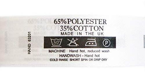 Fabric Printed Wash Care Labels 65% Polyester 35% Cotton, 50 Degree 1 Bar, DO NOT Bleach, 2 Dots Iron, Tumble Dry, 20mmWx67mmL, Roll of 2000 Labels