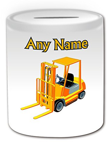 Personalisiertes Geschenk – Gabelstapler Spardose (Design Thema, weiß) – Für jede Nachricht/Name auf Ihrem Einzigartig – Treiber Konstruktion Store Lager Raum Gabel Lift Truck Factory Worker Katze JCB