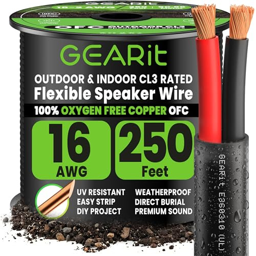 GearIT Câble de haut-parleur extérieur OFC 2 x 1,5 mm ≤ (76,2 m – Noir – Cuivre sans oxygène) – Câble audio Hi-Fi pour enfouissement direct dans le sol/dans le mur/classe CL3 CL2/2 conducteurs –
