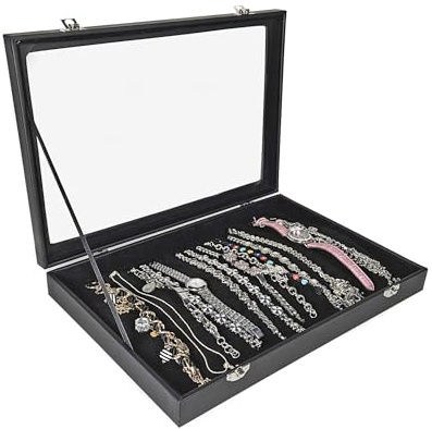 Schmuckkasten Schmucklade Schaukasten Schmuckdisplay für Ketten Armbänder mit Glasdeckel schwarz