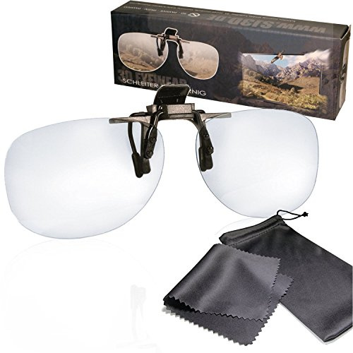 SJ3D Passive 3D Brille – 3D Brillen Clip VERSION 1- Aufsatz für Brillenträger - Polfilterbrille zirkular polarisiert - Für RealD 3D Kino & TV: LG Cinema 3D Philips Easy 3D Telefunken Toshiba 3D Natural Vizio 3D und 3DTVs von SONY Grundig Panasonic Hisense CMX uvm. - Inkl. Mikrofaser Brillenbeutel und Putztuch