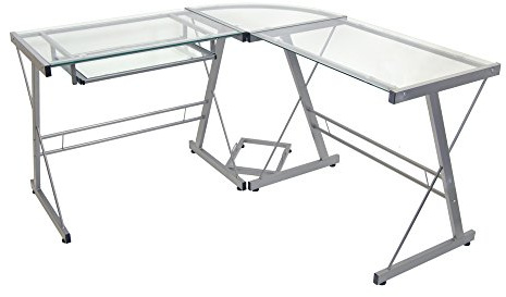 Walker Edison Furniture Soreno Metal Corner Desk, Glass, Silver, 3-Piece