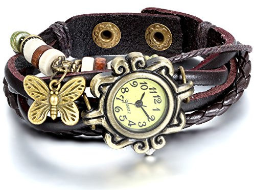 JewelryWe Damen Armbanduhr, Retro geflochten Leder Armband Armreif Armkette Uhr mit Schmetterling Anhänger, Braun Bronze