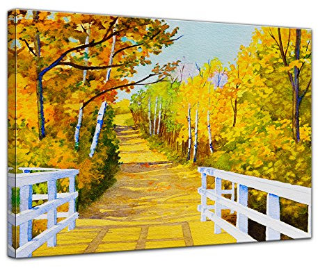Bilderdepot24 Keilrahmenbild - Aquarell - Waldweg im Herbst - Bild auf Leinwand 120 x 90 cm einteilig - Leinwandbilder Bilder als Leinwanddruck Landschaften Malerei - Natur gelber Herbstwald