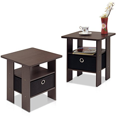 Furinno ANDREY Side Table, Set of 2 End Table, Night Stand with Open Shelves and Storage Bin, Bedside Table, for Living Room, Bedroom, Dark Brown