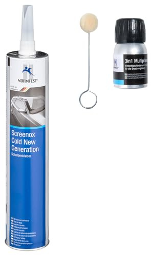 Normfest Screenox Cold Set Scheibenkleber Komplettset 1K PU Kleber mit 3in1 Multiprimer Bürste Kartuschenspitze lösemittelfrei kalt verarbeitbar Kurze Wegfahrzeit antennentauglich Nicht leitend 300ml