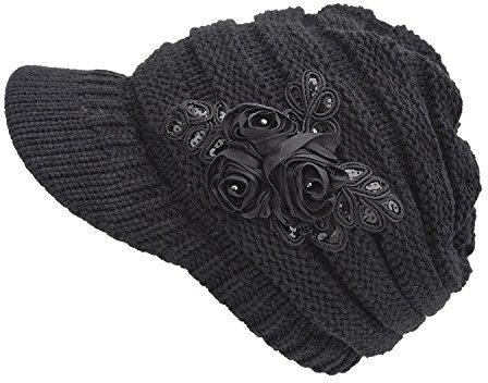 Tuopuda® Berretto in Maglia con Visiera Donna Beanie Cappello Invernale con Decorazione di Fiori (Nero)