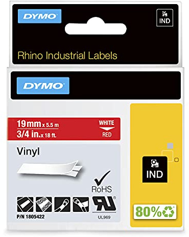 DYMO Rhino-Industrie-Vinyletiketten | 19 mm x 5,5 m | weiß auf rot | selbstklebendes Schriftband | für DYMO Rhino und LabelManager Beschriftungsgerät