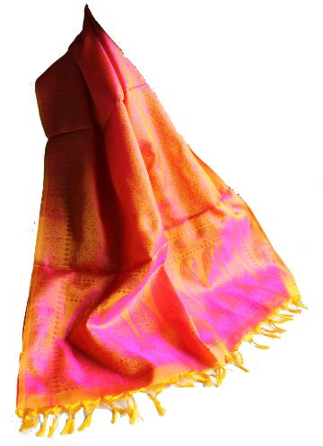 Maharanis Handgewebter Jacquard Seidenschal 100% Seide pink-goldorange 55cm x 180cm