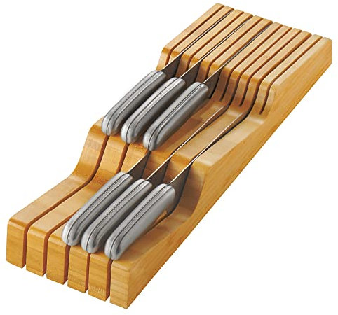 Bambüsi Knife Drawer Organizer - Bamboo in Drawer Knife Block - Wooden Kitchen Countertop Knife Holder Organization - Holds 10-16 Knives (Not Included) - Keep Knife Blades Stored Without Pointing Up
