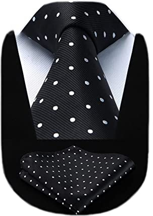 HISDERN Extra lange Tupfen Krawatte Taschentuch Herren Krawatte & Einstecktuch Set (Schwarz)