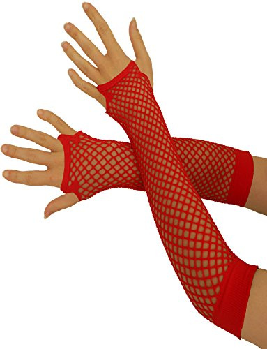 Yummy Bee - Fingerlose Netzhandschuhe - Lang Kurz - Damen Halloween Karnival 80er Kostüm (Rot, Lang)