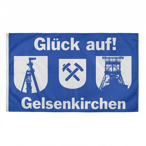 Fanflagge Gelsenkirchen 90x150 cm – Blau-Weiße Hissfahne Glück auf! mit Fördertürmen & Bergbau-Wappen – Wetterfeste Fahne mit Metallösen für Fahnenmast & Stadion