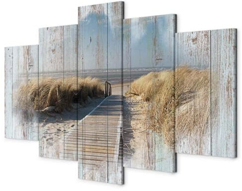 B&D XXL - Wandbilder XXL Strand Meer 200x100cm Vlies Leinwandbild 5 tlg Kunstdruck Wandbilder Wohnzimmer Leinwand Wanddekoration Design Wand Bild Holzoptik Landschaft Natur Brücke c-C-0029-b-n