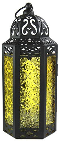 Vela Lanterns Marokkanische Lampenlaterne, dekorativer Kerzenhalter für Innen- und Außenbereich, Heimdekoration, Terrasse, Hochzeiten, gelbes Glas, mittelgroß