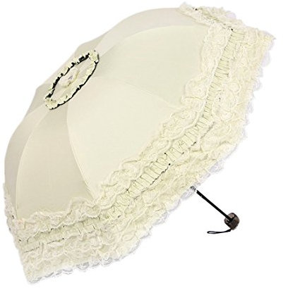 Heart Princess Lace Windproof Folding Sunny and Rainy Umbrella Ultraviolet-Proof Anti Sun UV Protection Parasol Umbrella (Milk White)