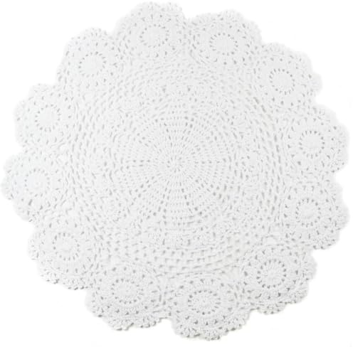 kilofly Handmade Crochet Round Cotton Lace Table Placemats Doilies Value Pack [Set of 4], Lotus, White