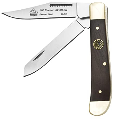 PUMA SGB - Trapper Wood – Klassisches Zweiklingen-Klappmesser mit 71 mm Klingen aus deutschem 1.4116 Stahl (55-57 HRC) – Slip-Joint Mechanismus – Messingbacken – Jacaranda-Holzgriff – Outdoor & Jagd