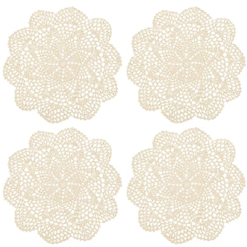 kilofly, Centrino da tavolo in cotone lavorato all’uncinetto, tovagliette a fantasia floreale, confezione da 4, Cotone, Beige, 10 inch beige