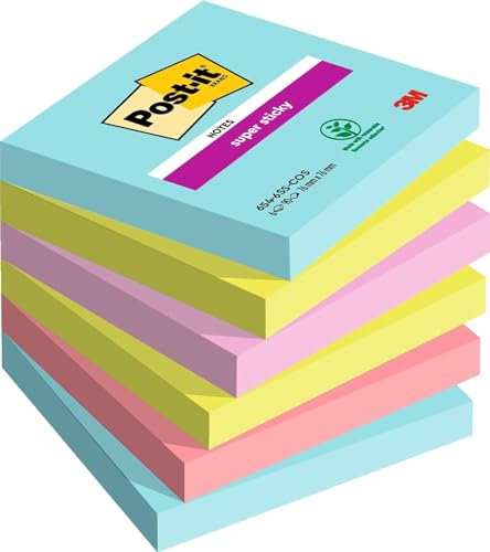 Post-it Super Sticky Notes Cosmic Collection, Packung mit 6 Blöcken, 90 Blatt pro Block, 76 mm x 76 mm, Türkis, Grün, Pink - Extra-stark klebende Notizzettel für Notizen, To-Do-Listen und Erinnerungen