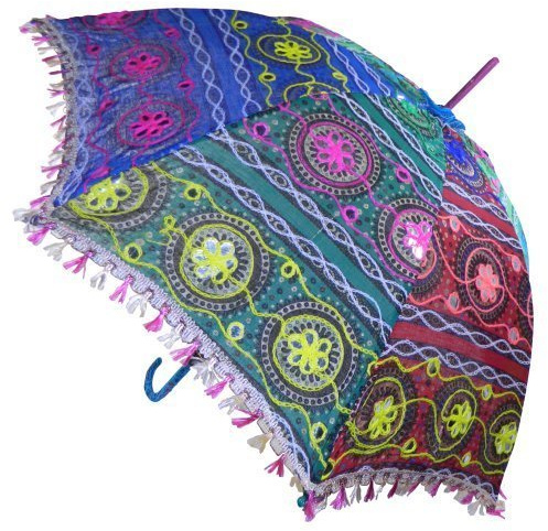 indischerbasar.de Sonnenschirm 85 cm Bunte Stickereien Mehrfarbig Bunt Baumwolle Spiegel Spitzenborte Schirm Accessoire