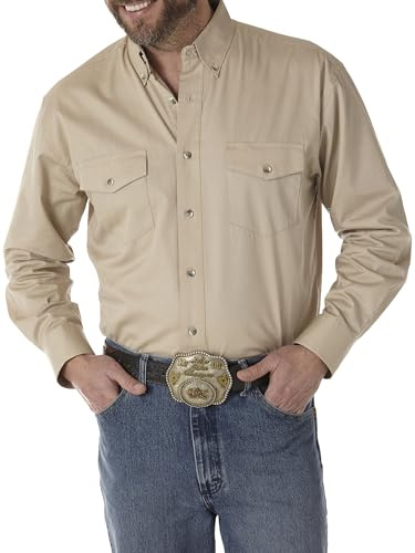 Wrangler Mens Painted Desert Two Pocket Long Sleeve Work Button Down Shirts, Tan, X-Large US