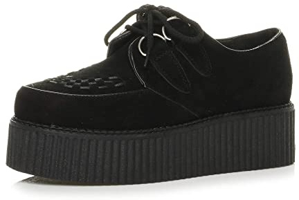AJVANI Dam platt dubbel plattform kil snörning gotiska creepers skor stövlar storlek., Svart mocka, 36 EU