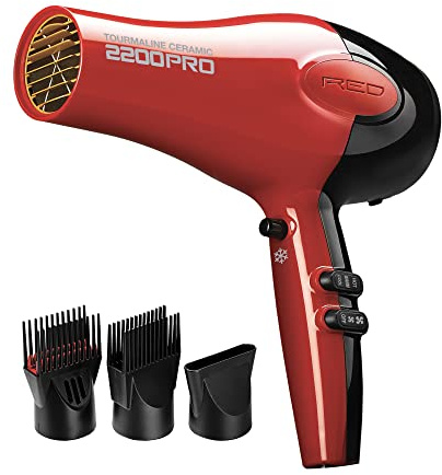 RED by Kiss Tourmaline Ceramic 2200W PRO - Professional Hair Dryer with Extra Combs, Frizz-Free Hair, Six Heat Settings Blow Dryer