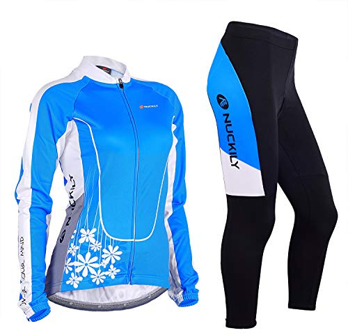 NUCKILY Damen Radtrikot Atmungsaktive Fahrradbekleidung Set Trikot Langarm & Radhose mit 3D Sitzpolster MTB Radsportanzug mit 4 Taschen
