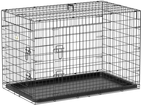 PawHut Hundekäfig Transportkäfig Drahtkäfig Hundebox Transportbox Reisebox mit 2 Türen Schwarz 91x61x67 cm