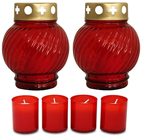 OLShop AG 2er Pack Glas Grablampen rot und Deckel inkl. 4er Pack Ersatzbrenner Nr. 2, Grablicht, Grabkerze, Grableuchte, Grablaterne, Grabschmuck, Trauerlicht