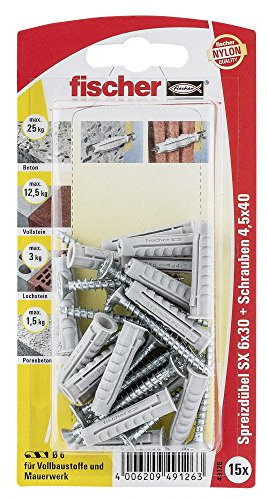 Fischer Spreizdübel SX 6 x 30 SK SB-Karte, 15 x Spanplattenschraube 4,5 x 40, 049126