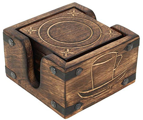 Ajuny Dessous de Verre en Bois – Lot de 6 Carrés 10 x 10 cm avec Support, Motifs Sculptés Fleur & Cercle, Antidérapants, Protection de Table pour Tasses Café/Thé, Mugs & Verres, Décoration Maison