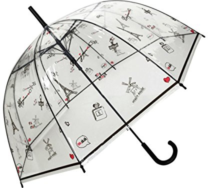 SMATI Langer Regenschirm Transparent - Glockenform; Stabil; Automatisch öffnend; Durchmesser=85cm; Damenregenschirm; Motiv PARIS.