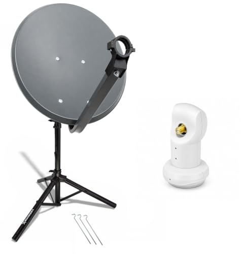 Premium X Camping Satelliten-Komplettanlage 80cm Satellitenschüssel Anthrazit SAT Single LNB Dreibein-Stativ inkl. 3x Heringe