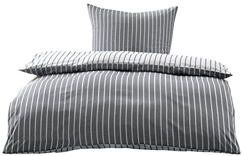 Bettwaesche-mit-Stil Mako Satin Damast Streifen Wendebettwäsche Santiago gestreift (schwarz, 155cm x 220cm + 80cm x 80cm)