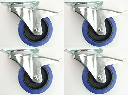 4 Stück 100mm Blue Wheels Lenkrollen Transportrollen mit Bremse/Feststellbremse, Elastik-Rad blau, 180kg / Rad - INDUSTRIEQALITÄT (4x Brems)