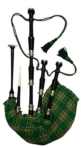 Cornamusa delle Great Highland scozzesi in palissandro finitura nera e supporti in argento, con copertura per aerofono a sacco in tartan nazionale irlandese