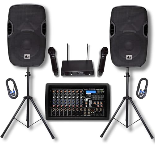 MUSYSIC Complete Portable PA System Package, 4500W 8-Channel Bluetooth DJ Mixer/Amplifier, Pair of 15 Speakers, Dual (2) Wireless Handheld Microphones – Ideal for DJs, Churches, Events w/Stands Pair